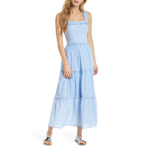 Gal Meets Glam Courtney Rio Stripe Lawn Tiered Maxi Dress Blue White Womens 2
